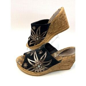 Dezario‎ Womens Wedge Sandals 39 Black Cork Floral Embroidered Rhinestone